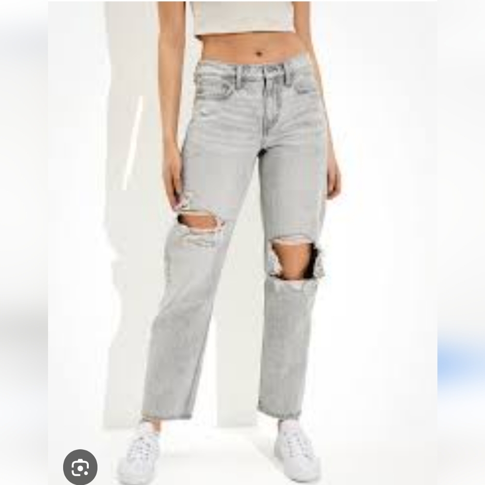 American Eagle 90's Straight Leg Distressed Rip Knee Dark Gray Jeans 10